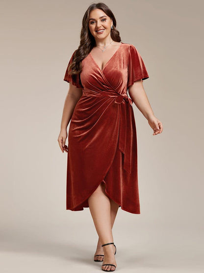 Velvet Short Sleeve V-Neck Midi Wedding Guest Dress