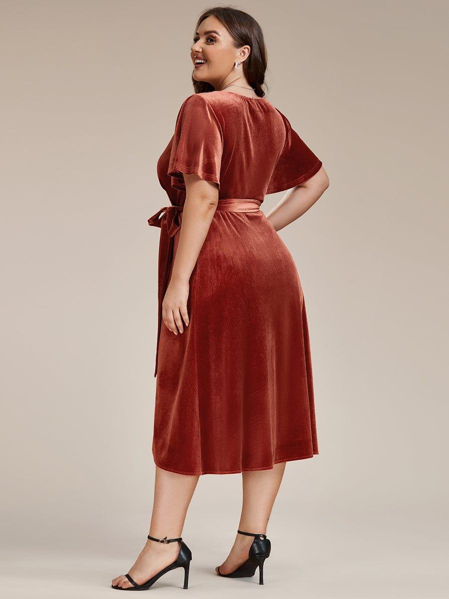 Velvet Short Sleeve V-Neck Midi Wedding Guest Dress