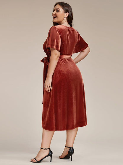 Velvet Short Sleeve V-Neck Midi Wedding Guest Dress
