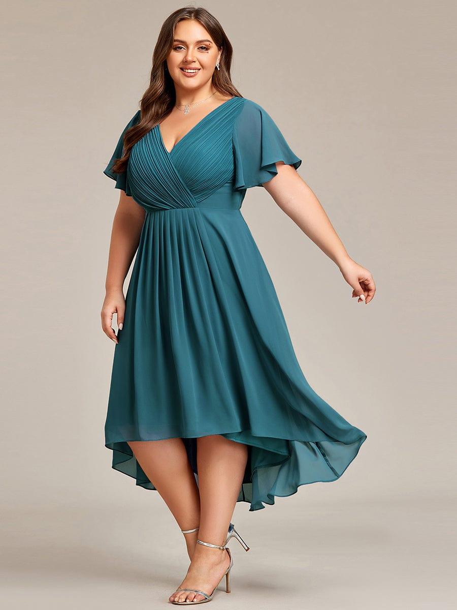 Plus Size Chiffon Double V-Neck Ruffle Sleeve Midi Wedding Guest Dress — Teal