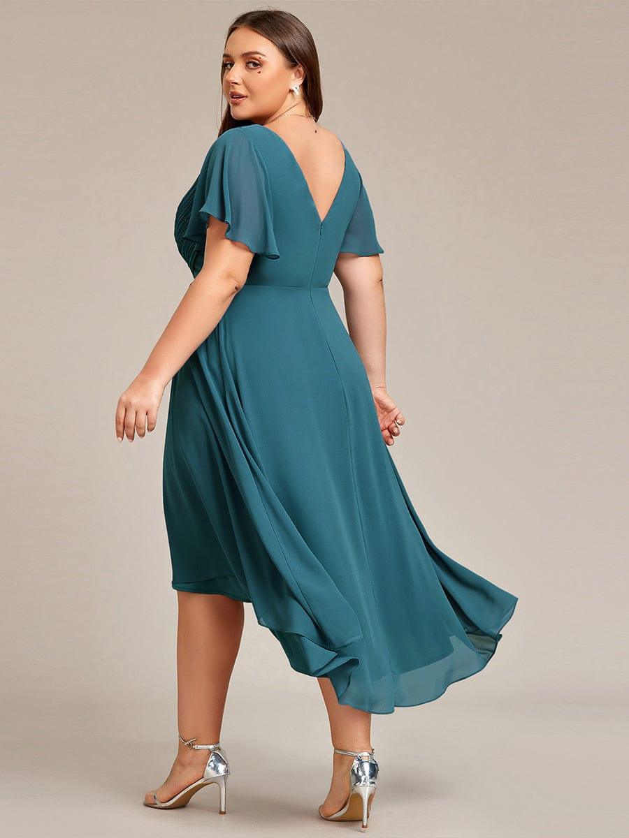 Plus Size Chiffon Double V-Neck Ruffle Sleeve Midi Wedding Guest Dress