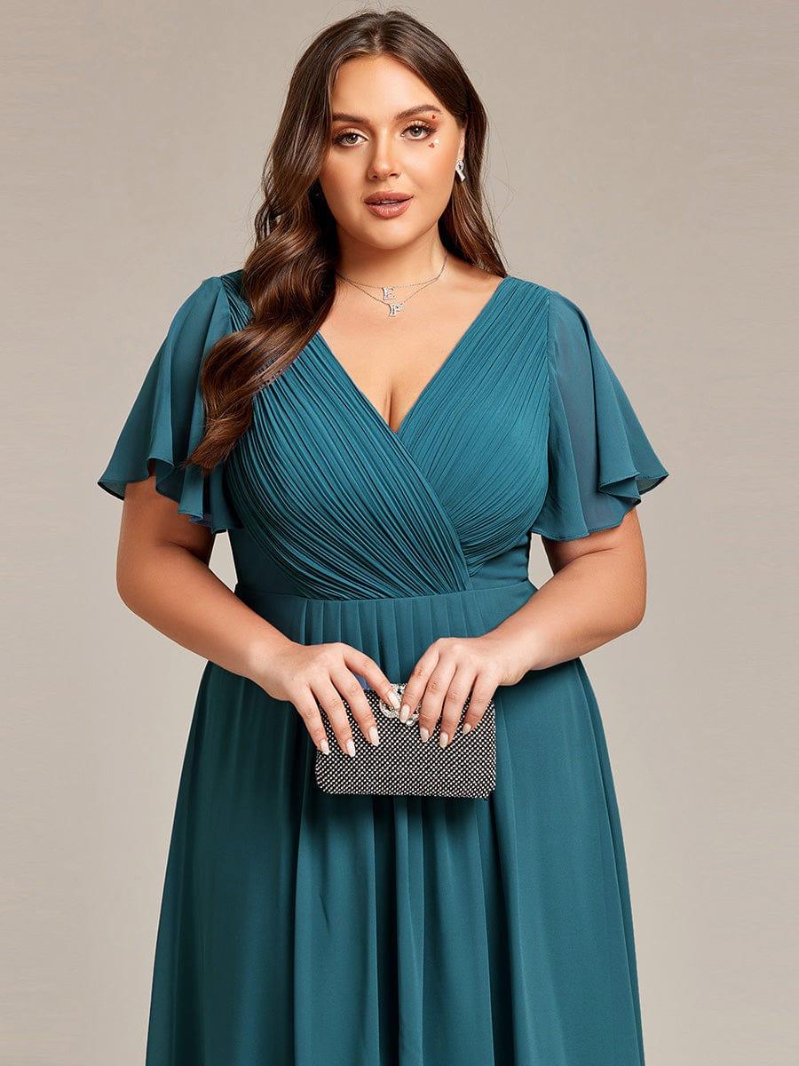 Plus Size Chiffon Double V-Neck Ruffle Sleeve Midi Wedding Guest Dress
