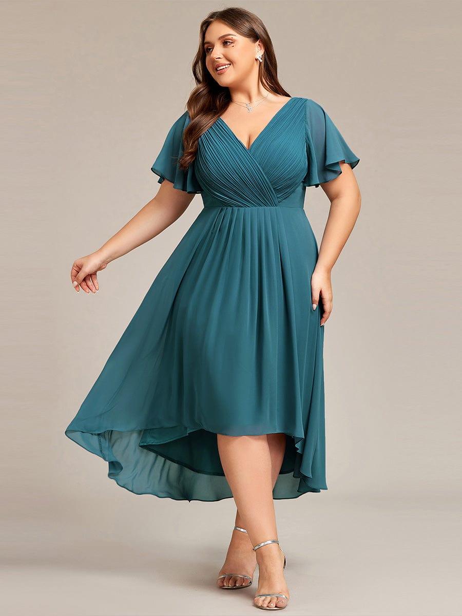 Plus Size Chiffon Double V-Neck Ruffle Sleeve Midi Wedding Guest Dress