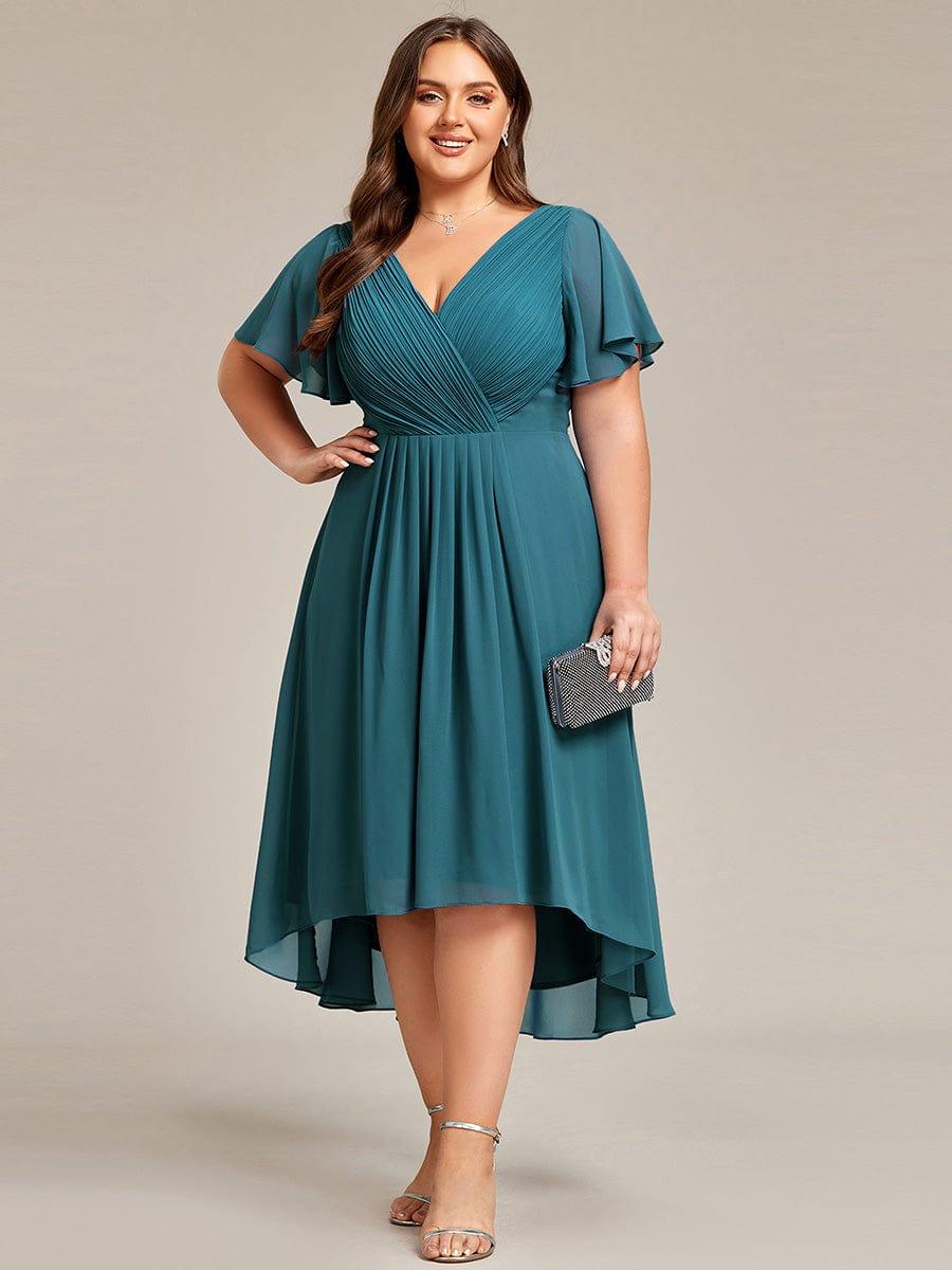 Plus Size Chiffon Double V-Neck Ruffle Sleeve Midi Wedding Guest Dress