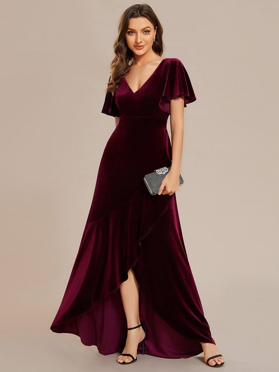 Velvet Double V-Neck Short Sleeve Stretchy Evening Dress with Lotus Leaf Hem — Burgundy