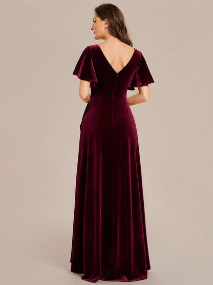 Velvet Double V-Neck Short Sleeve Stretchy Evening Dress with Lotus Leaf Hem