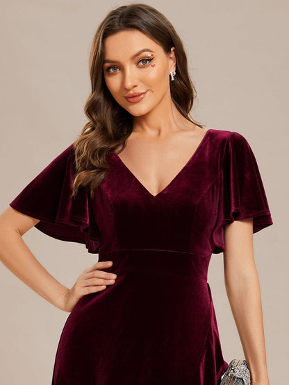 Velvet Double V-Neck Short Sleeve Stretchy Evening Dress with Lotus Leaf Hem