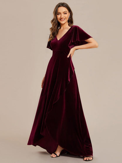 Velvet Double V-Neck Short Sleeve Stretchy Evening Dress with Lotus Leaf Hem
