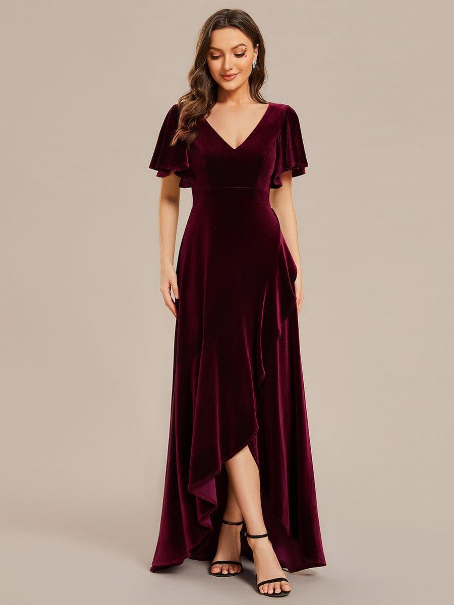 Velvet Double V-Neck Short Sleeve Stretchy Evening Dress with Lotus Leaf Hem