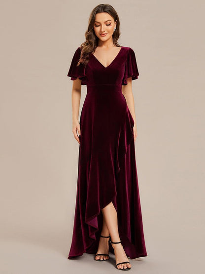 Velvet Double V-Neck Short Sleeve Stretchy Evening Dress with Lotus Leaf Hem