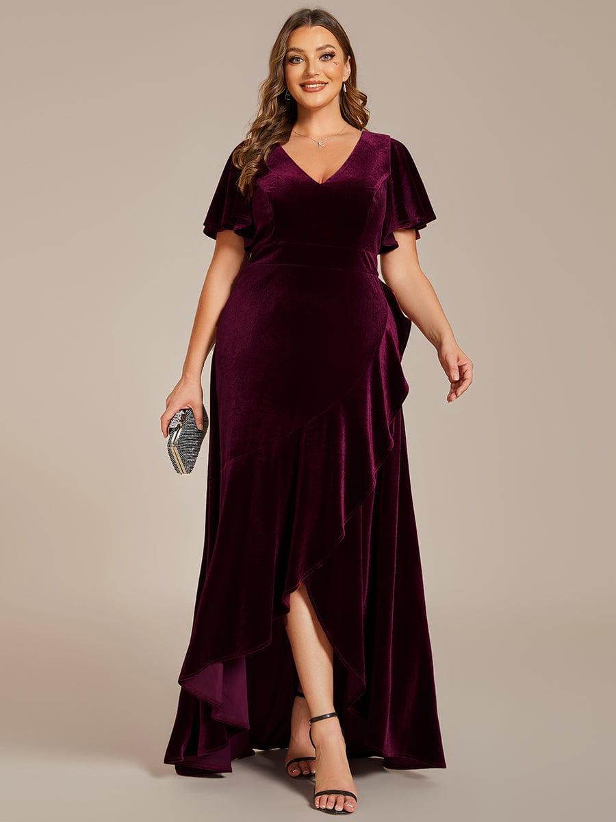 Velvet Double V-Neck Short Sleeve Stretchy Evening Dress with Lotus Leaf Hem