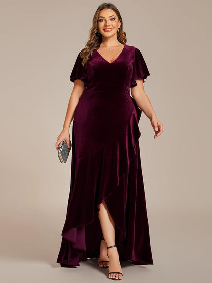 Velvet Double V-Neck Short Sleeve Stretchy Evening Dress with Lotus Leaf Hem