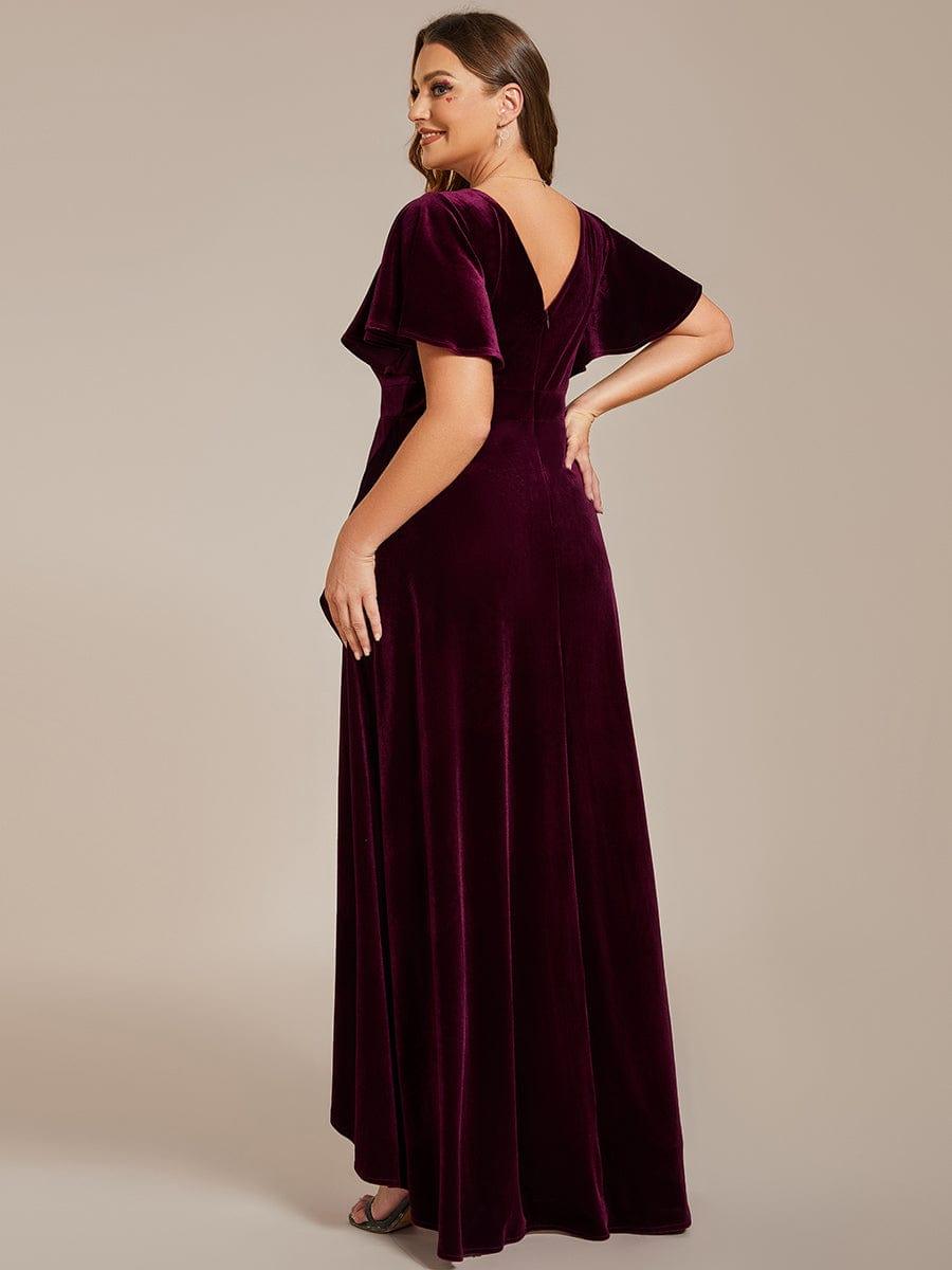 Velvet Double V-Neck Short Sleeve Stretchy Evening Dress with Lotus Leaf Hem