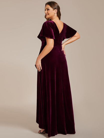 Velvet Double V-Neck Short Sleeve Stretchy Evening Dress with Lotus Leaf Hem