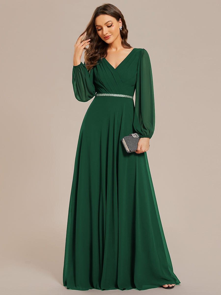 Chiffon Pleated Double V-Neck Long Sleeve Shiny Belt Evening Dress — Dark Green