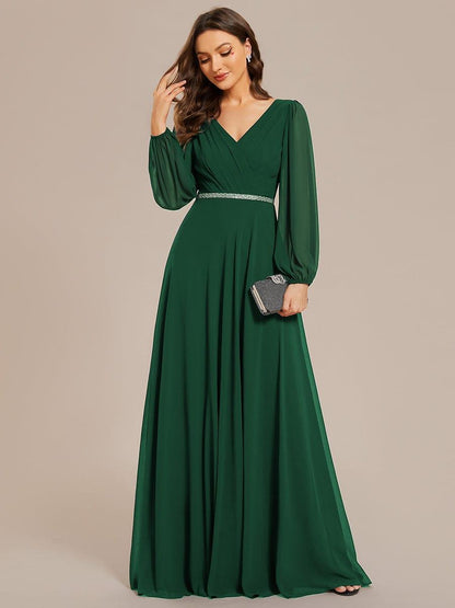 Chiffon Pleated Double V-Neck Long Sleeve Shiny Belt Evening Dress — Dark Green