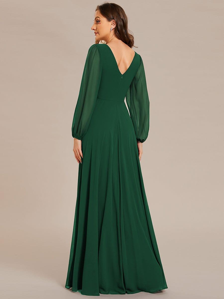 Chiffon Pleated Double V-Neck Long Sleeve Shiny Belt Evening Dress