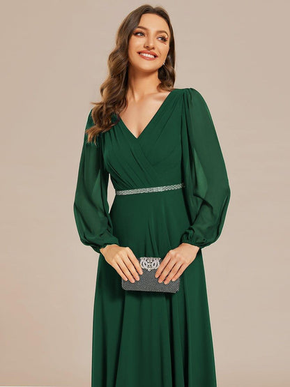 Chiffon Pleated Double V-Neck Long Sleeve Shiny Belt Evening Dress