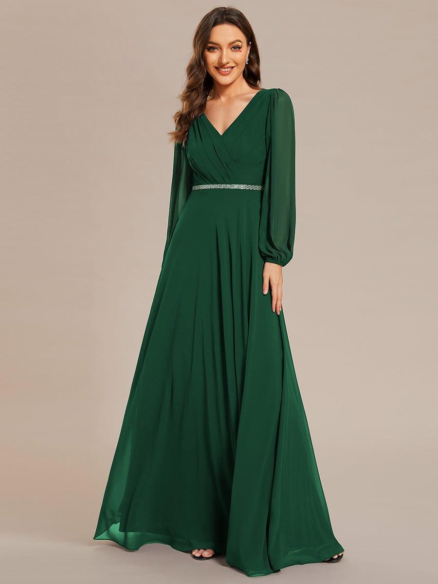 Chiffon Pleated Double V-Neck Long Sleeve Shiny Belt Evening Dress