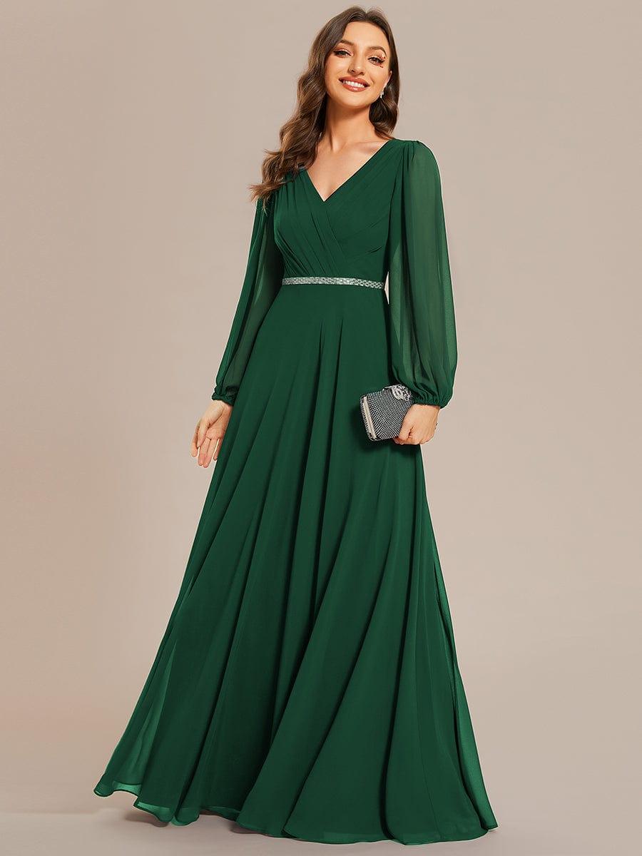 Chiffon Pleated Double V-Neck Long Sleeve Shiny Belt Evening Dress