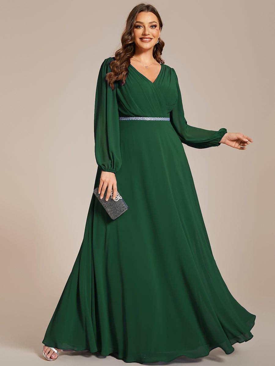 Chiffon Pleated Double V-Neck Long Sleeve Shiny Belt Evening Dress