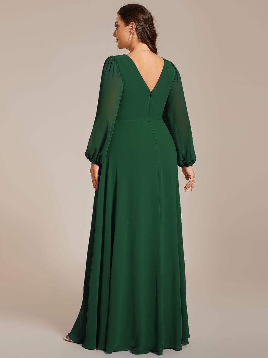 Chiffon Pleated Double V-Neck Long Sleeve Shiny Belt Evening Dress