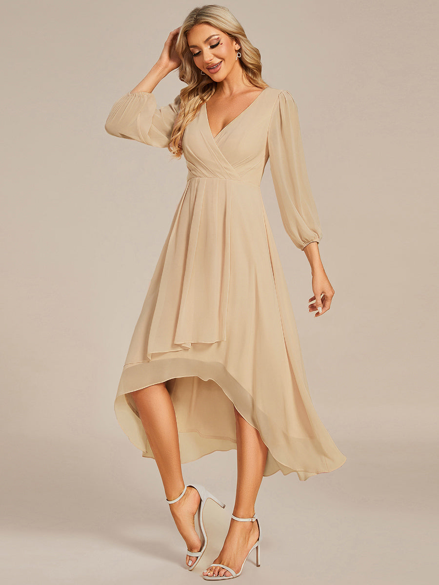 Chiffon See-Through 3/4 Sleeves V-Neck A-Line Wedding Guest Dress — Champagne