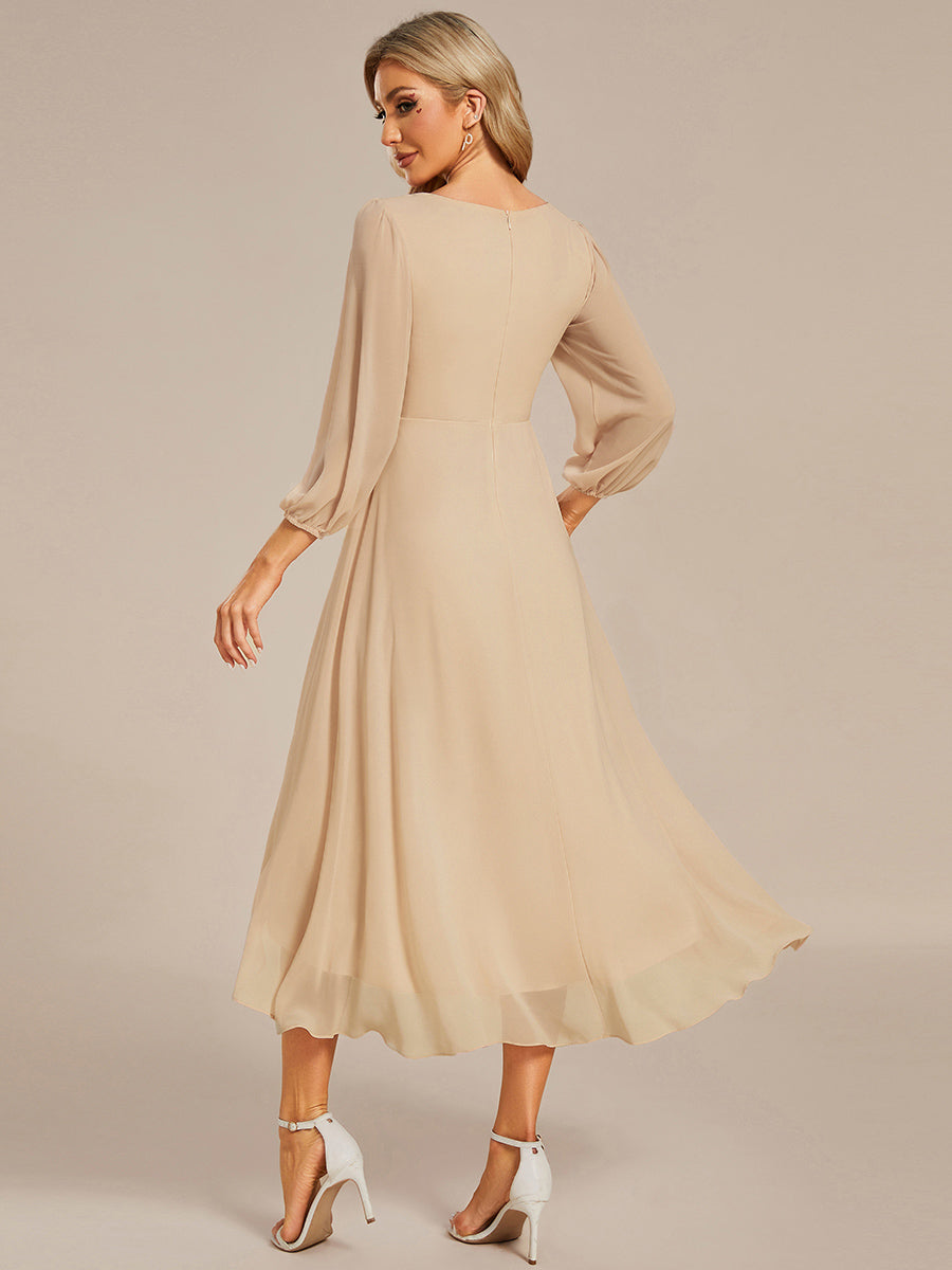 Chiffon See-Through 3/4 Sleeves V-Neck A-Line Wedding Guest Dress