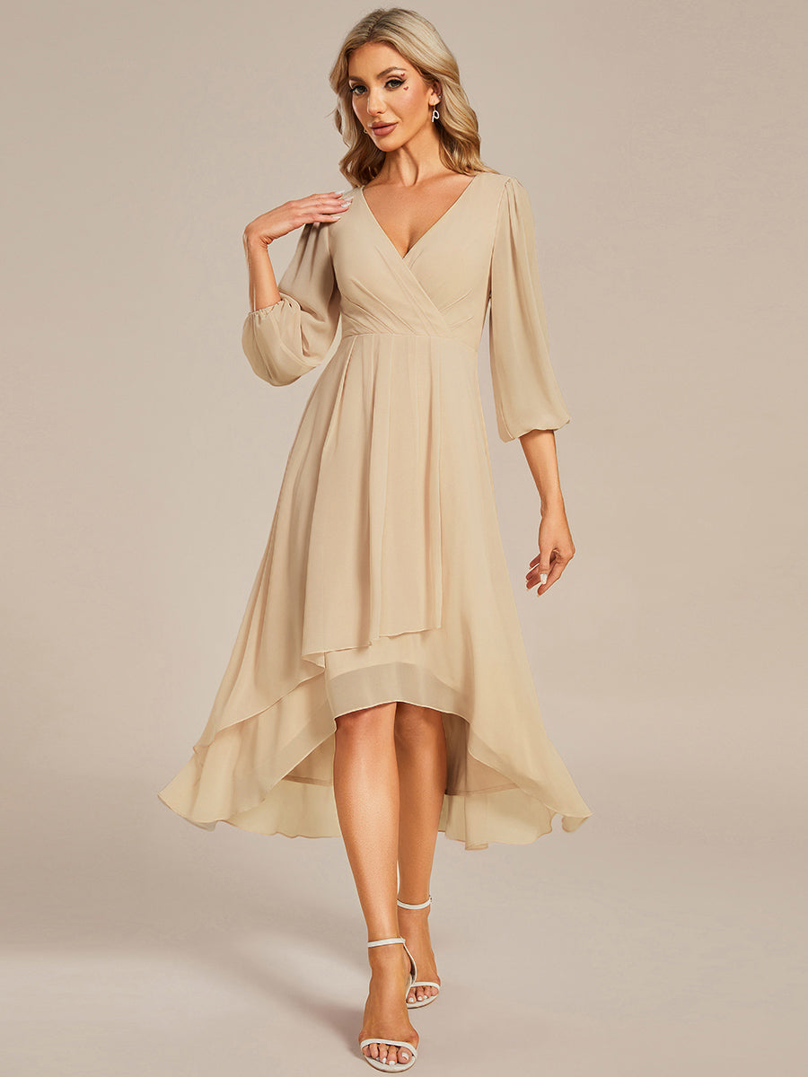 Chiffon See-Through 3/4 Sleeves V-Neck A-Line Wedding Guest Dress