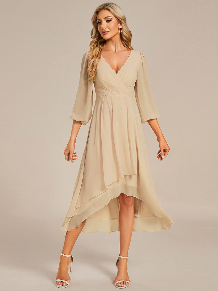 Chiffon See-Through 3/4 Sleeves V-Neck A-Line Wedding Guest Dress