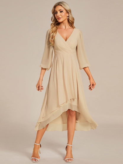 Chiffon See-Through 3/4 Sleeves V-Neck A-Line Wedding Guest Dress