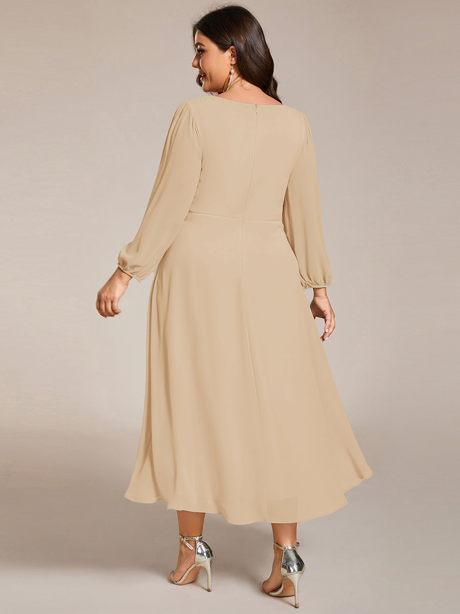 Chiffon See-Through 3/4 Sleeves V-Neck A-Line Wedding Guest Dress
