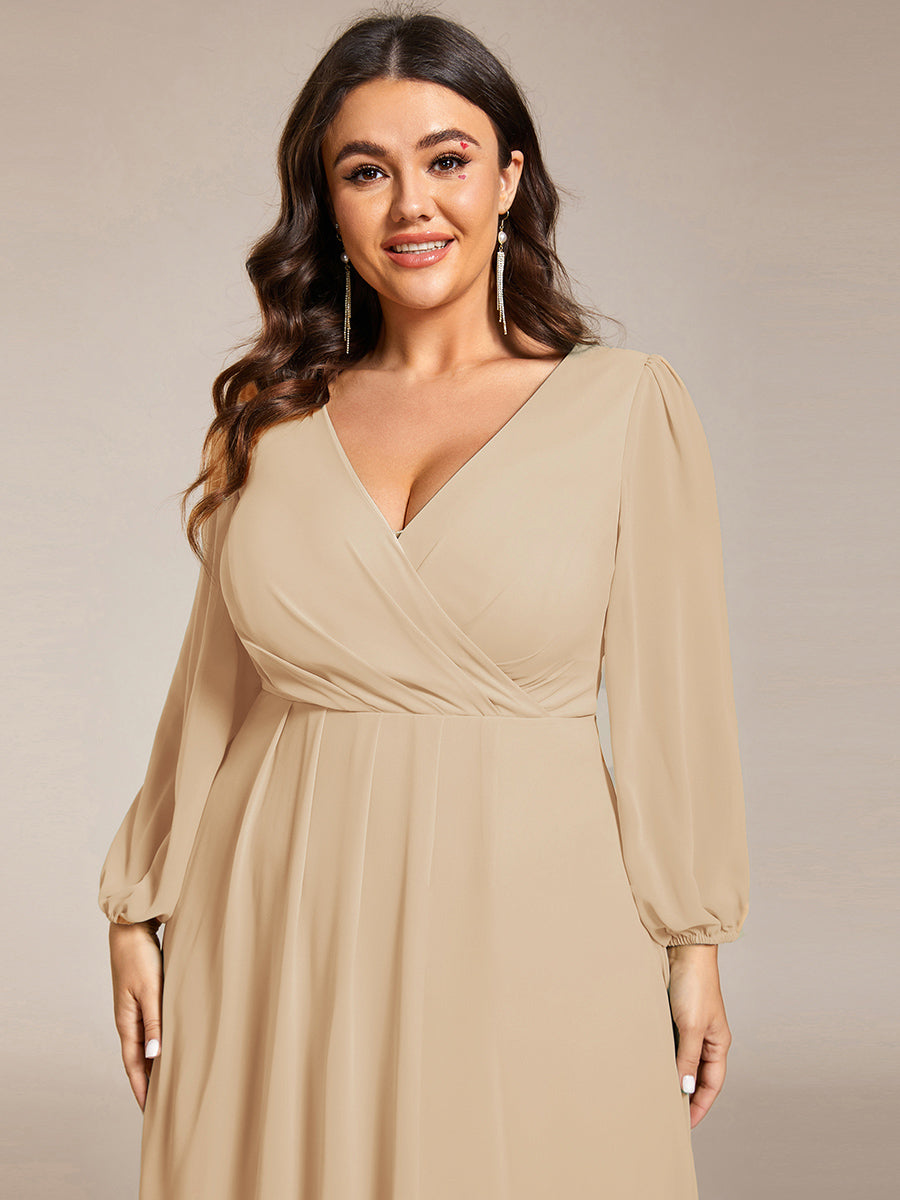 Chiffon See-Through 3/4 Sleeves V-Neck A-Line Wedding Guest Dress