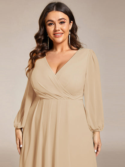 Chiffon See-Through 3/4 Sleeves V-Neck A-Line Wedding Guest Dress