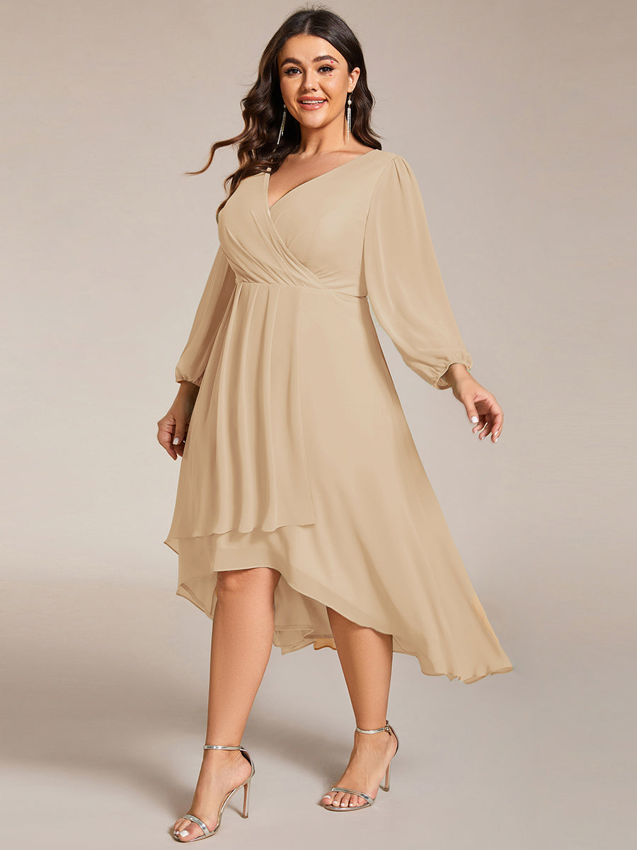 Chiffon See-Through 3/4 Sleeves V-Neck A-Line Wedding Guest Dress