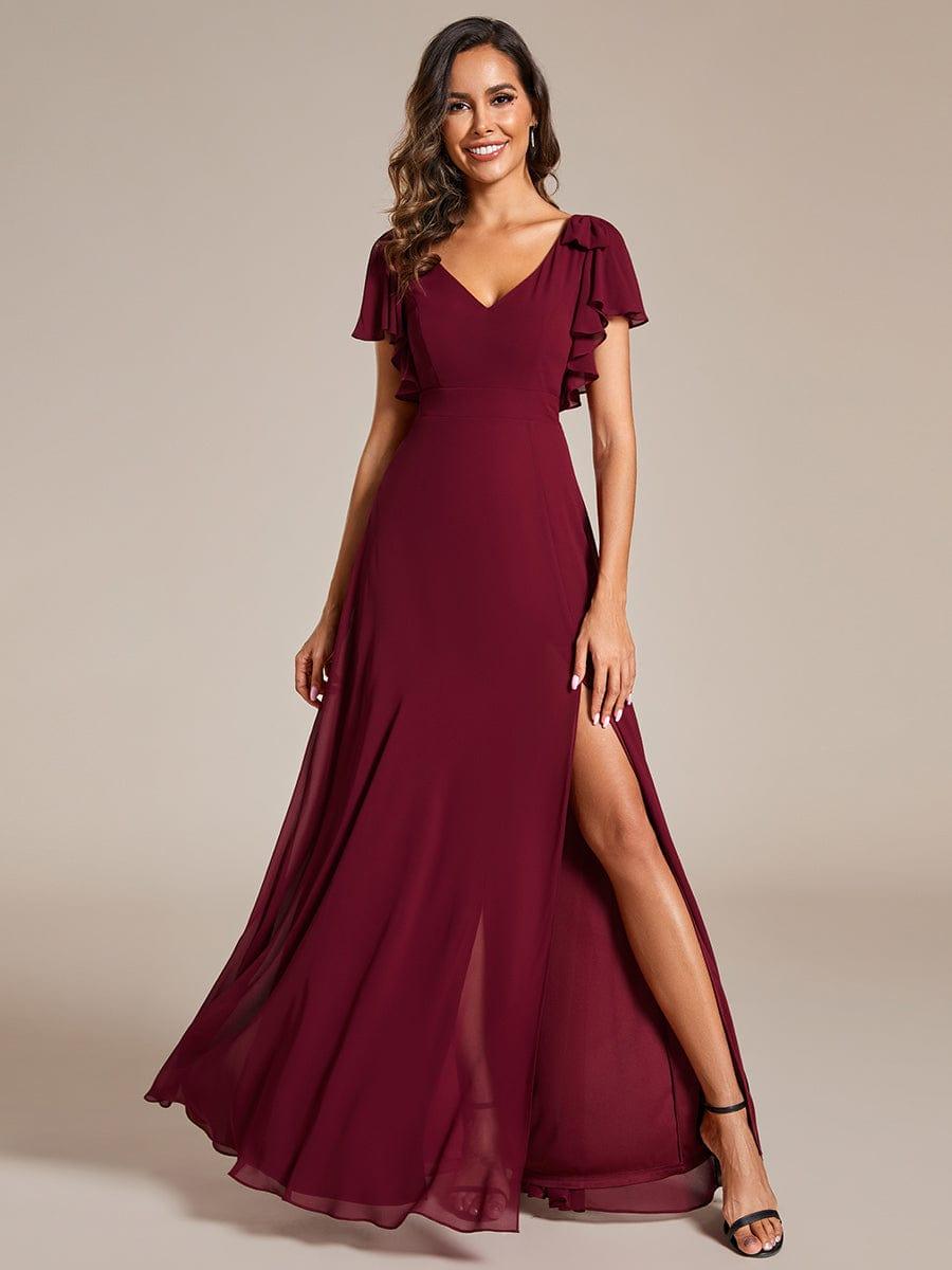Chiffon Short Sleeve with Bowknot High Front Slit A-Line Bridesmaid Dress — Burgundy