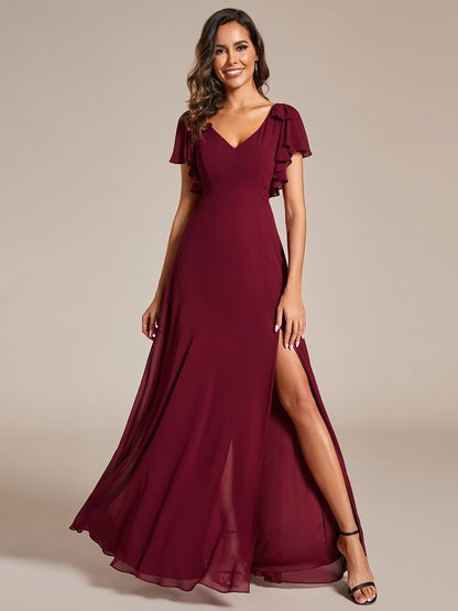 Chiffon Short Sleeve with Bowknot High Front Slit A-Line Bridesmaid Dress — Burgundy