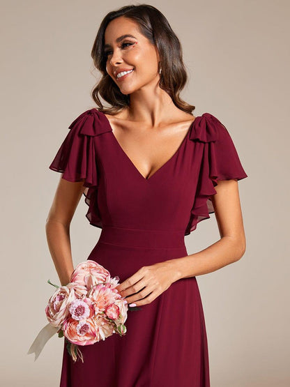 Chiffon Short Sleeve with Bowknot High Front Slit A-Line Bridesmaid Dress