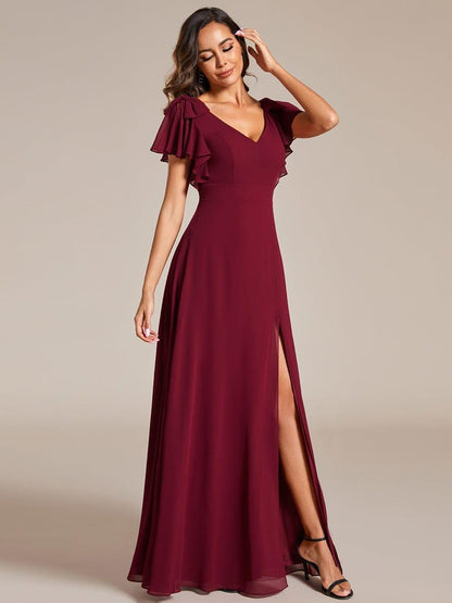 Chiffon Short Sleeve with Bowknot High Front Slit A-Line Bridesmaid Dress