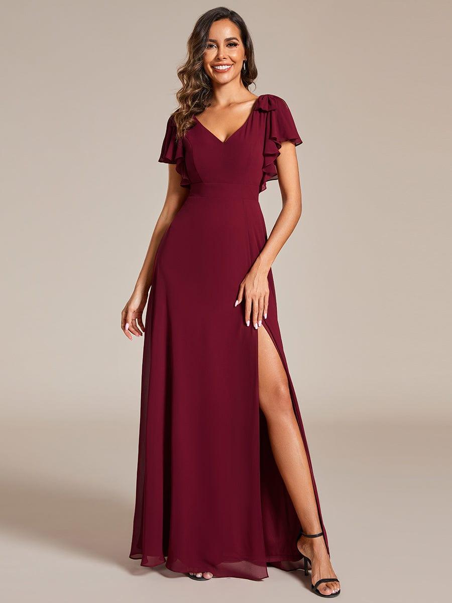 Chiffon Short Sleeve with Bowknot High Front Slit A-Line Bridesmaid Dress