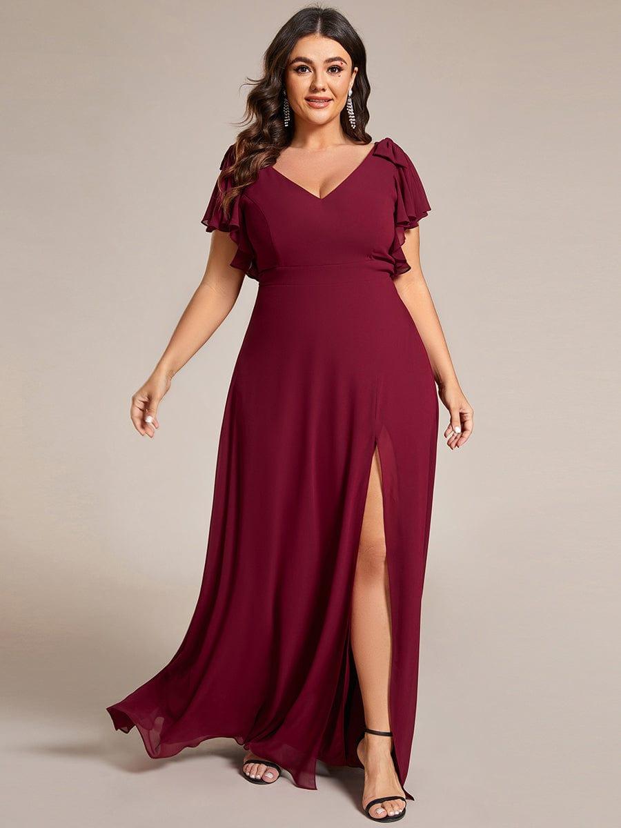 Chiffon Short Sleeve with Bowknot High Front Slit A-Line Bridesmaid Dress