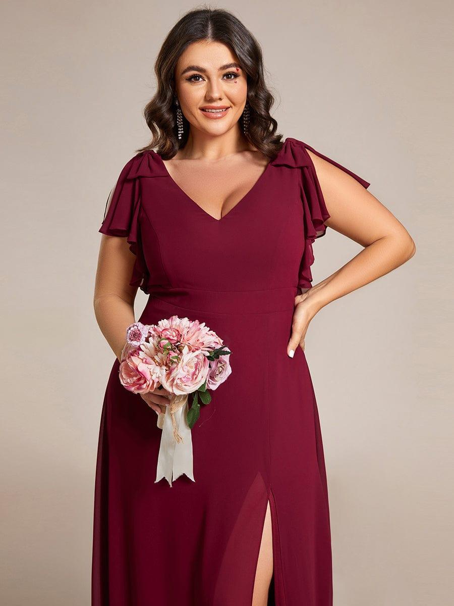 Chiffon Short Sleeve with Bowknot High Front Slit A-Line Bridesmaid Dress