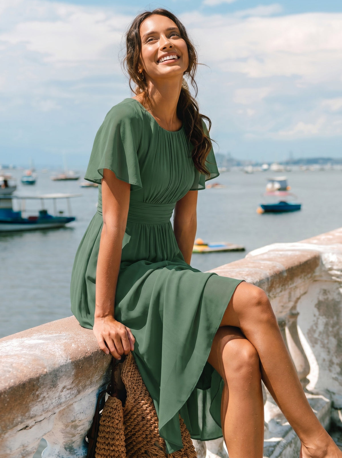 Chiffon Flowy Round Neckline A-Line Knee Length Wedding Guest Dress