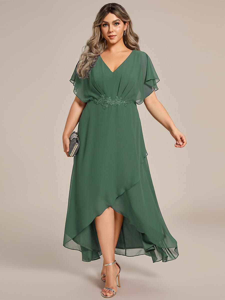 Plus Size Chiffon V-Neck Bat-Wing Sleeve A-Line Waist Applique Formal Dress