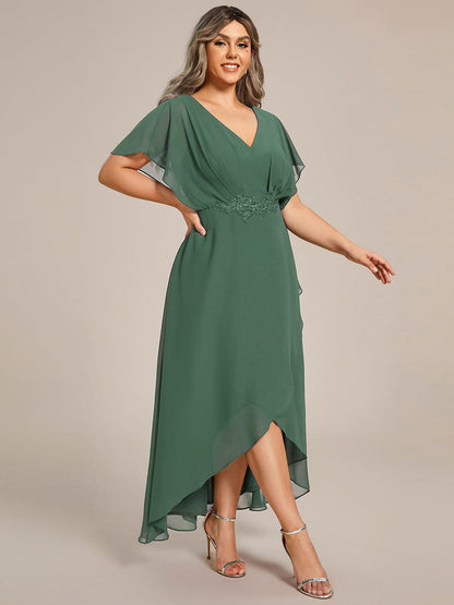 Plus Size Chiffon V-Neck Bat-Wing Sleeve A-Line Waist Applique Formal Dress