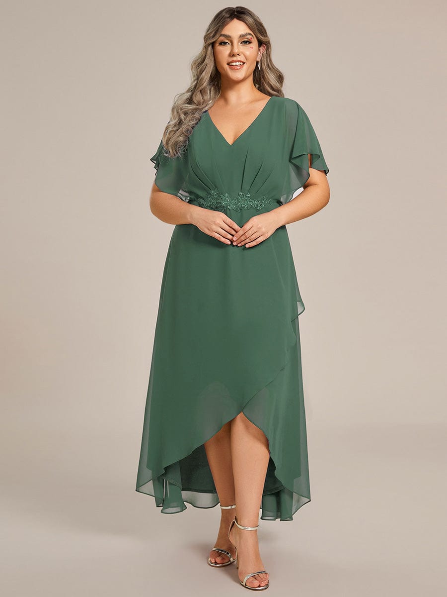 Plus Size Chiffon V-Neck Bat-Wing Sleeve A-Line Waist Applique Formal Dress