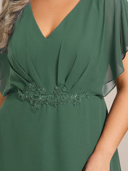 Plus Size Chiffon V-Neck Bat-Wing Sleeve A-Line Waist Applique Formal Dress