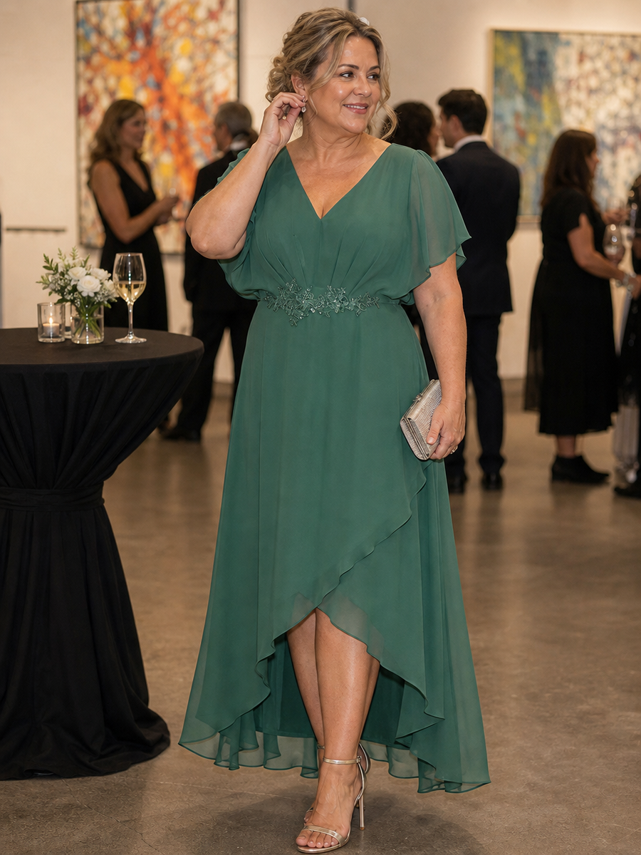 Plus Size Chiffon V-Neck Bat-Wing Sleeve A-Line Waist Applique Formal Dress — Eucalyptus