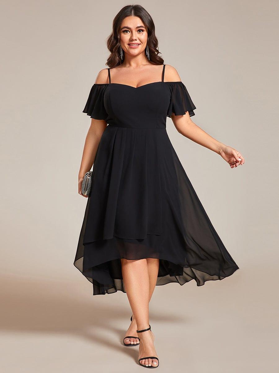 Plus Size Chiffon Cold Shoulder Sweetheart Necklin Midi Wedding Guest Dress — Black