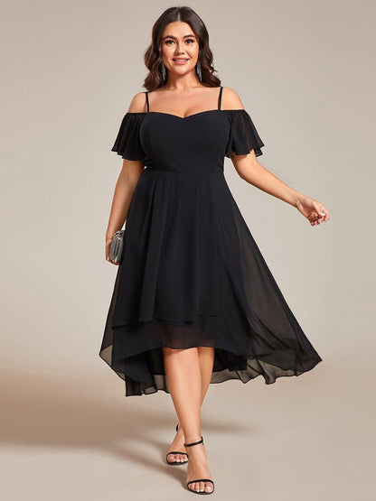 Plus Size Chiffon Cold Shoulder Sweetheart Necklin Midi Wedding Guest Dress — Black